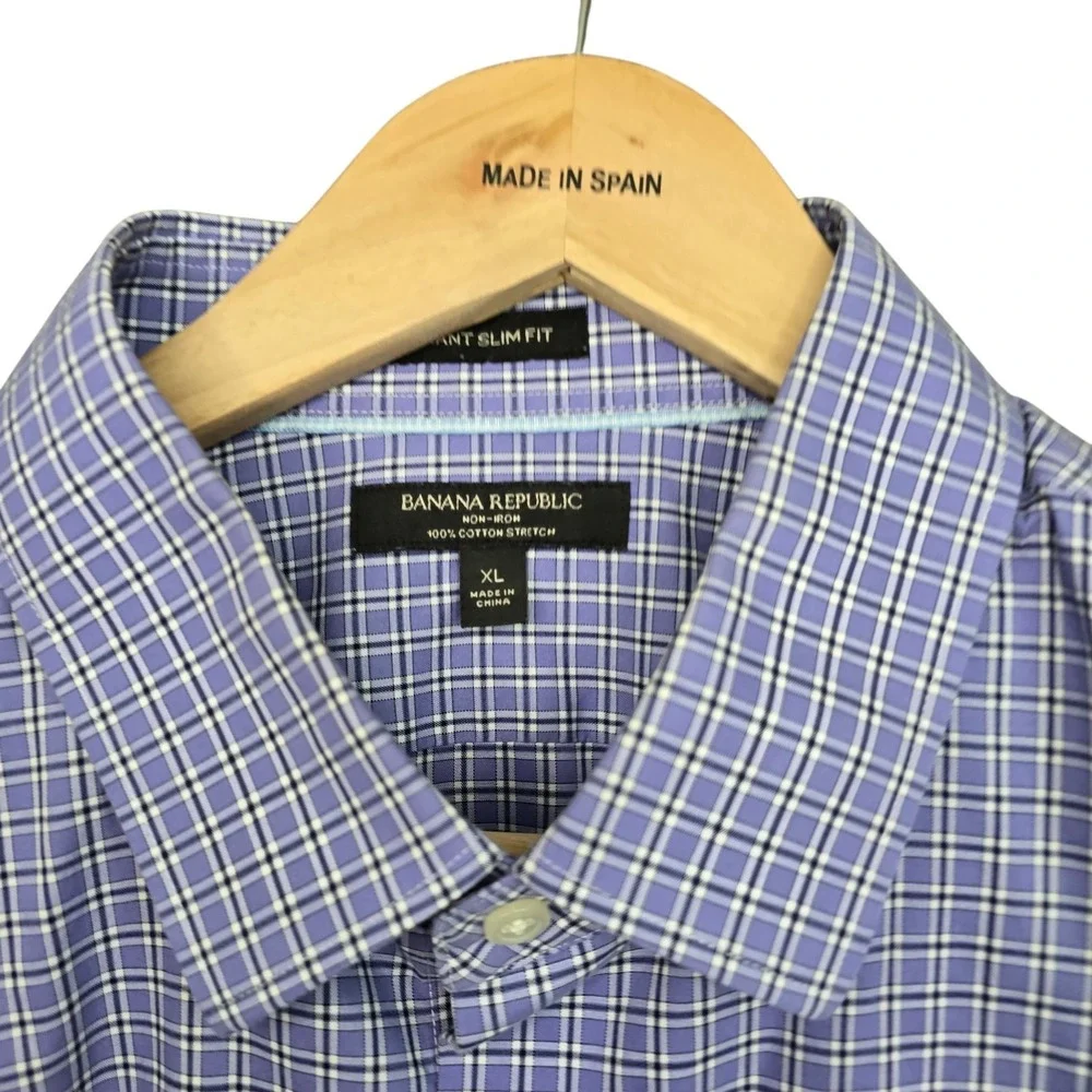 Banana Republic Dress Shirt Mens XL Lavender‎ Button Up Plaid Grant Fit Non Iron